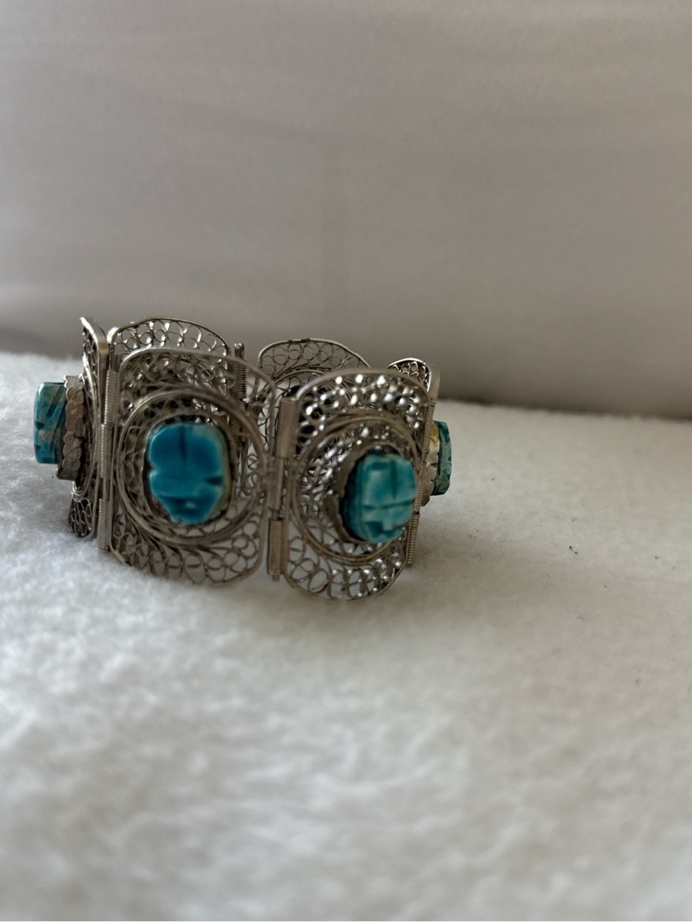 Turquoise Stone Silver Filigree Bracelet - Women Jewelry
